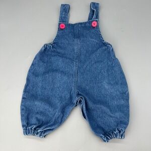 Vintage‎ Denim Bib Overalls 9-12M Bubble Romper Red Buttons Baby Teddy Bear EUC